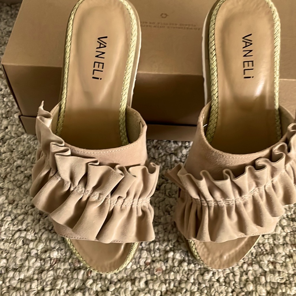 Beige suede slip on slides